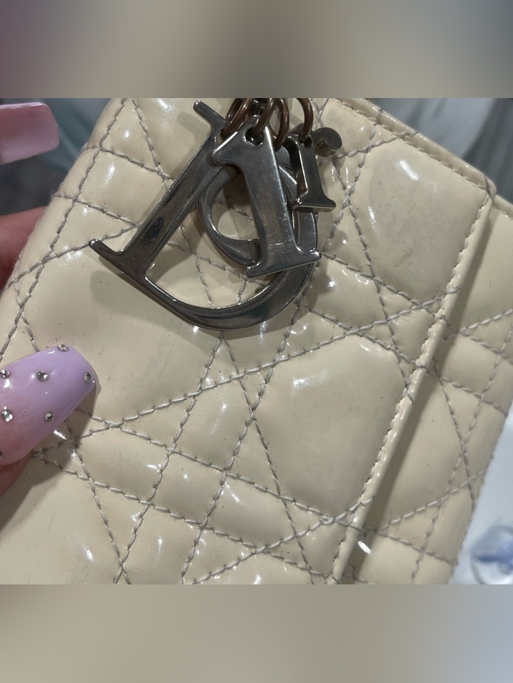 Christian Dior Patent Cannage Lady Dior Rendezvous Wallet On Chain in Beige - Picture 10 of 16